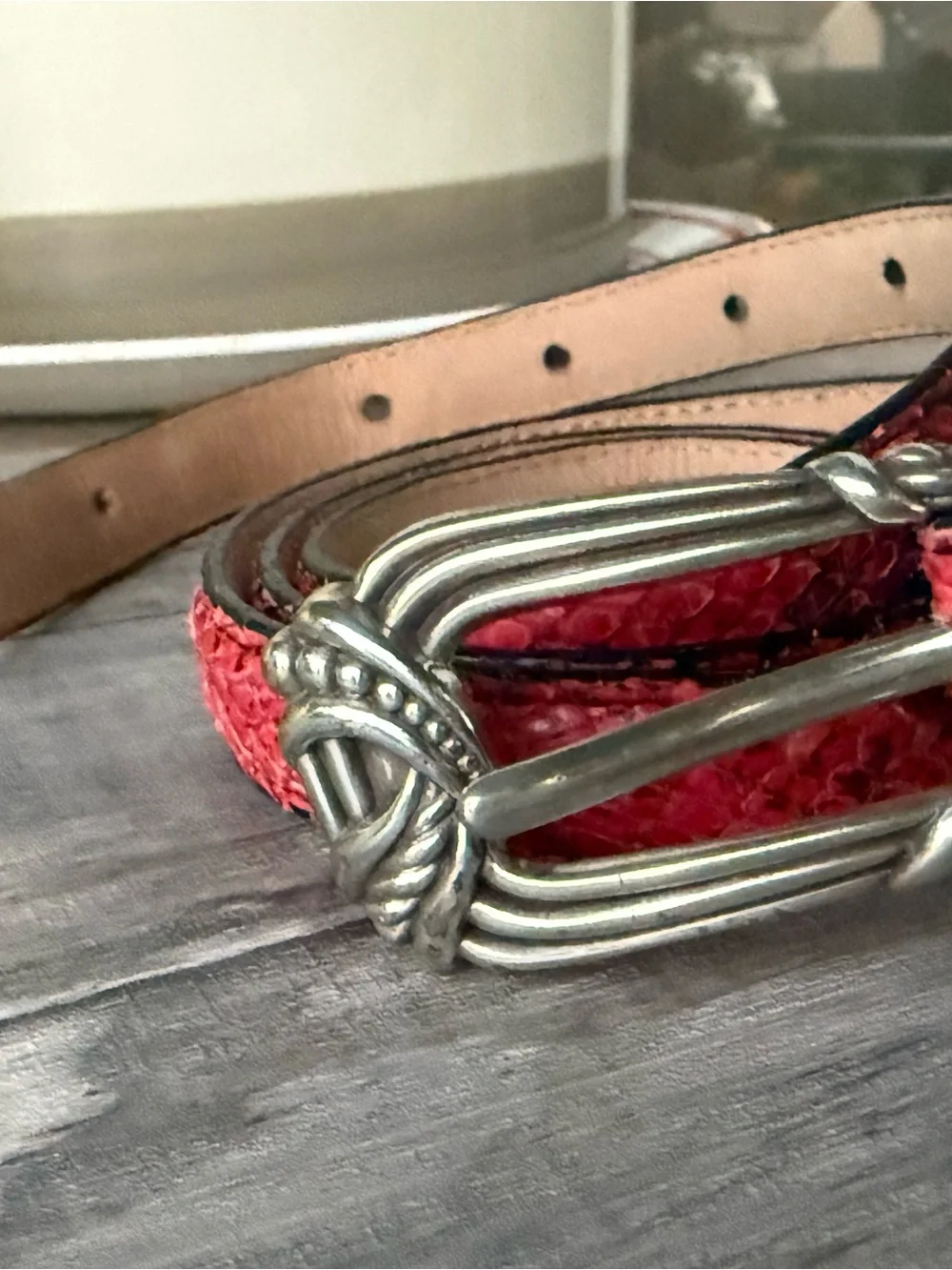 Brighton Pink-Red Snakeskin Leather Belt with Silver-Tone Braided Buckle